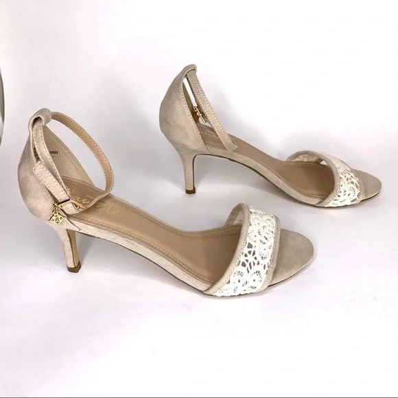 Nanette Lepore Ankle Strap Sandal ‘Beauty’ Heel Crochet Detail Faux Suede Tan 8 - Picture 4 of 14